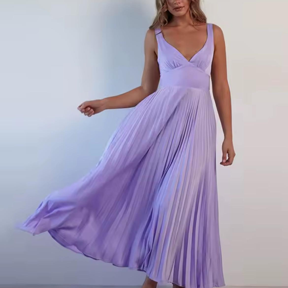 Clara  Yellow Pleated V-Neck Maxi Dress