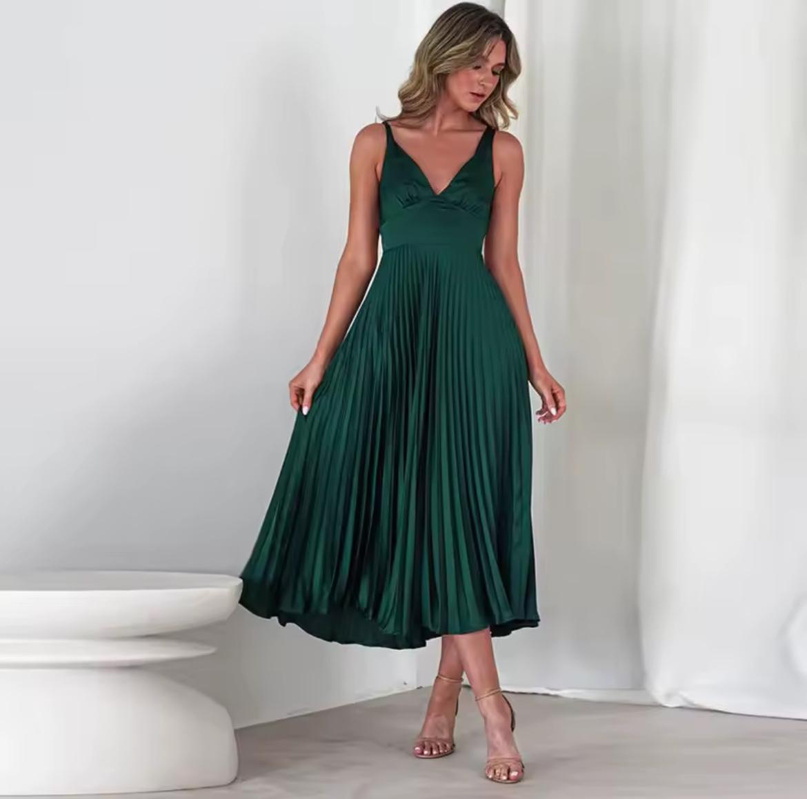 Clara  Yellow Pleated V-Neck Maxi Dress