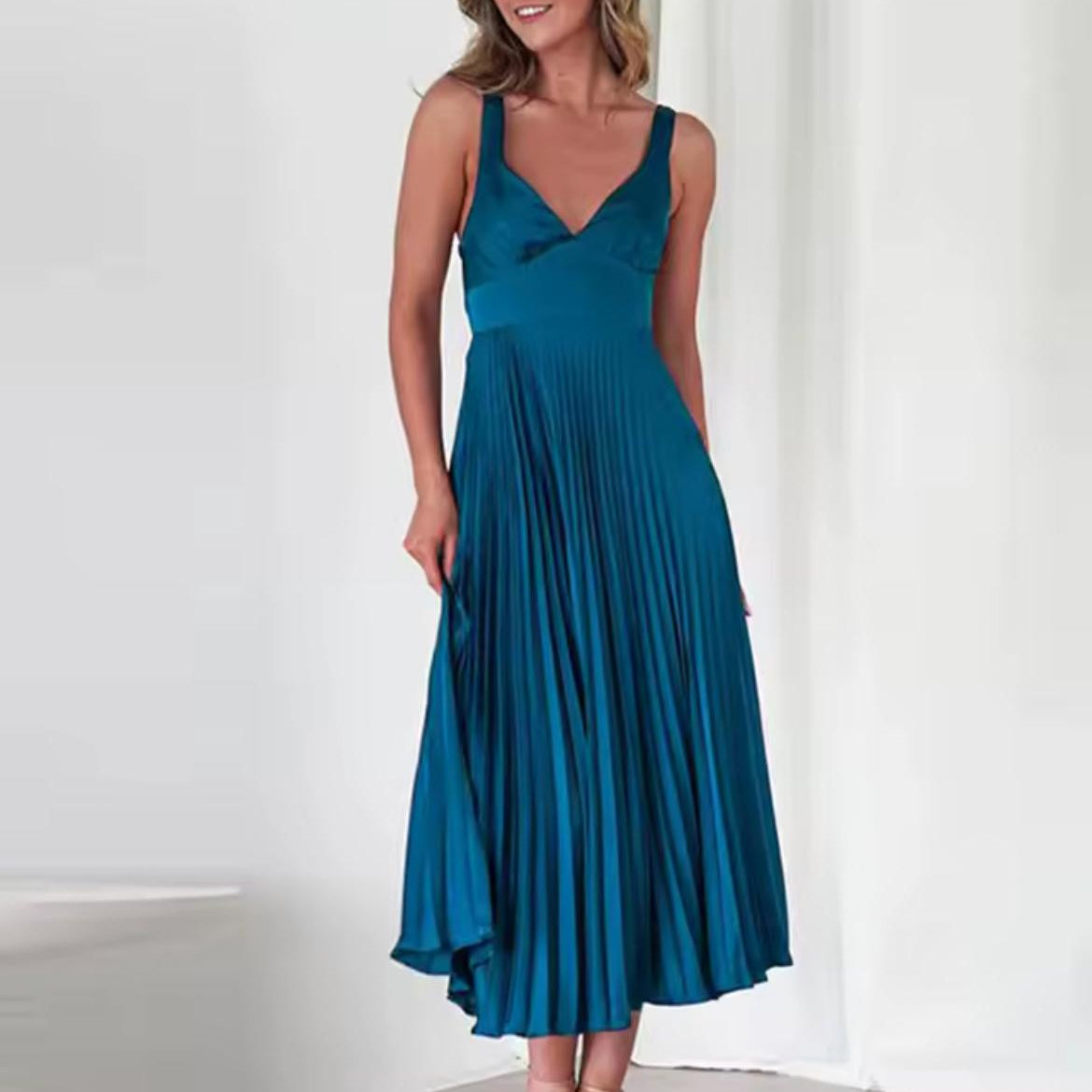 Clara  Yellow Pleated V-Neck Maxi Dress