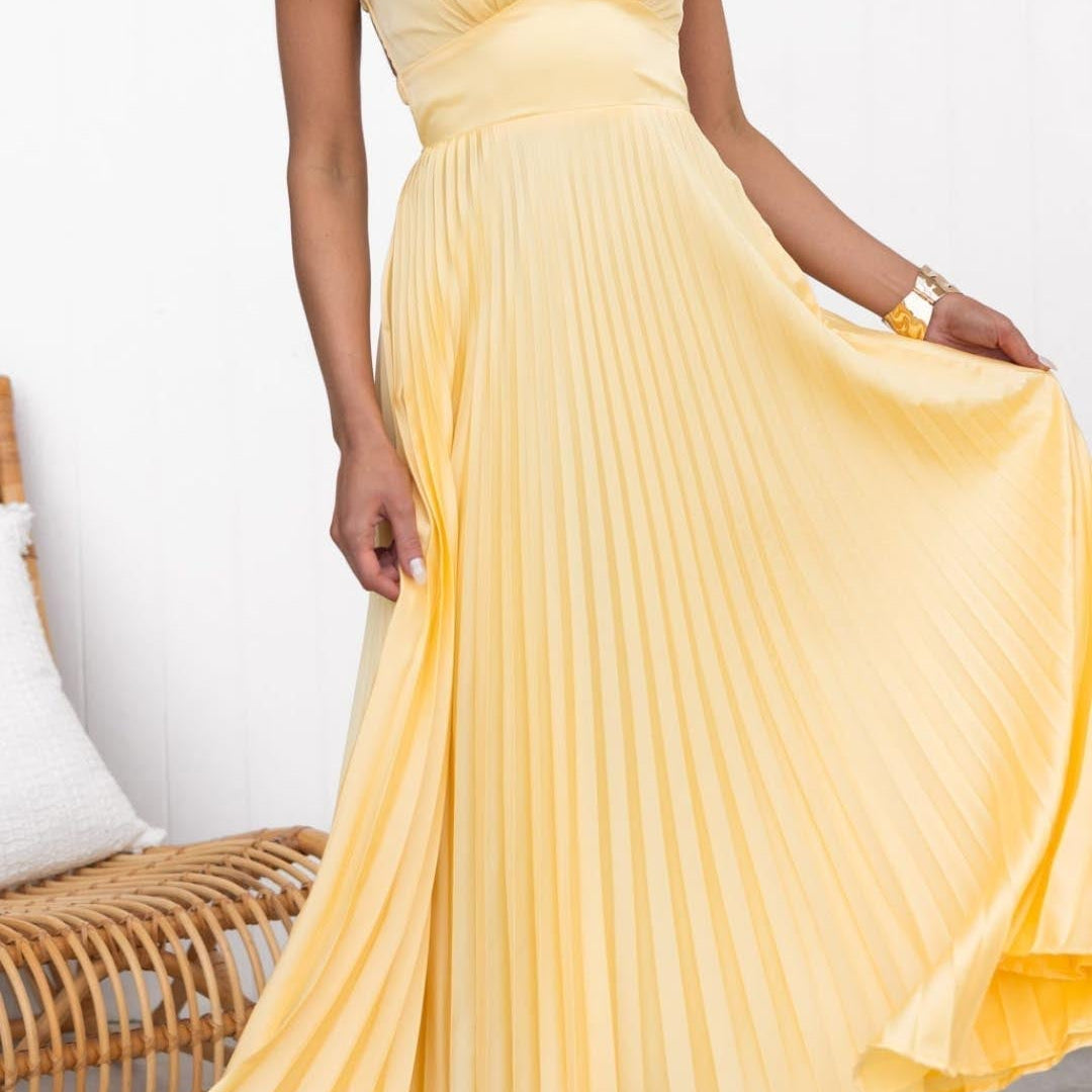 Clara  Yellow Pleated V-Neck Maxi Dress